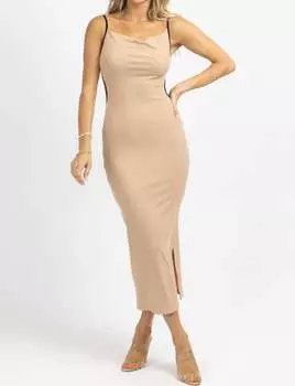 Платье миди в контрастную рубчик цвета серо-коричневый + черный LENA