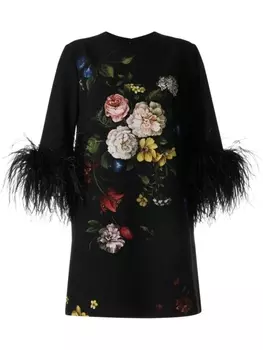 Платье мини с цветочным принтом и перьями Elie Saab, черный