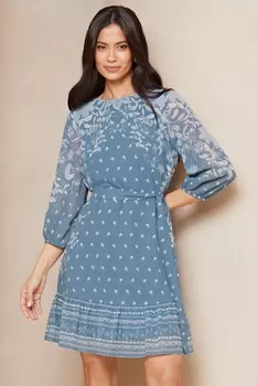 Платье мини с рукавами 3/4 и поясом из тканого принта Lipsy, синий