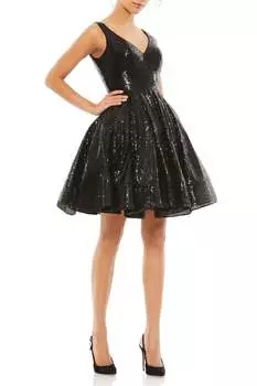 Платье-мини с V-образным вырезом и расклешенной юбкой Mac Duggal, цвет noir sequin