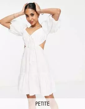 Платье мини с вырезами из хлопка и льна Miss Selfridge Petite цвета слоновой кости