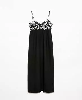 Платье Oysho Long Embroidered With Linen, черный