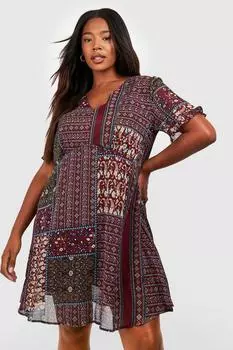 Платье plus бохо с рюшами и ацтеками Boohoo, ягодный