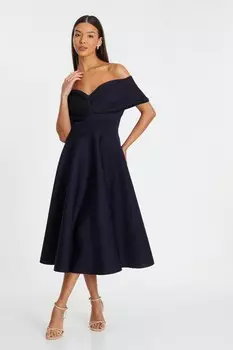 Платье-приталенка миди с принтом в виде полосок в сеточку темно-синего цвета QUIZ Clothing
