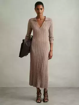 Платье Reiss Winnie Wool Blend Wide Rib Midi, цвет stone