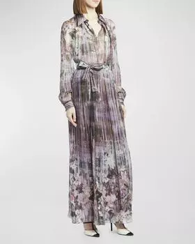 Платье-рубашка макси из шифона с принтом и длинными рукавами Alberta Ferretti, цвет Violet Multi