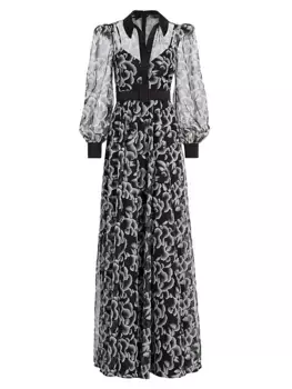 Платье-рубашка макси из тюля с облачным принтом Badgley Mischka, белый
