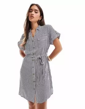 Платье-рубашка мини Vero Moda с карманами в тёмно-синюю полоску