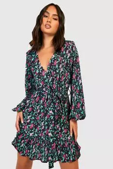 Платье с цветочным плиссом и запахом Boohoo, черный