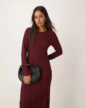 Платье с длинными рукавами из смешанной фактуры в бордовом цвете Miss Selfridge