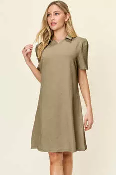 Платье с короткими рукавами и текстурным воротником в полный размер FASHNZFAB, хаки