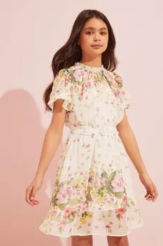 Платье с металлизированным принтом и расклешенными рукавами Love & Roses, белый