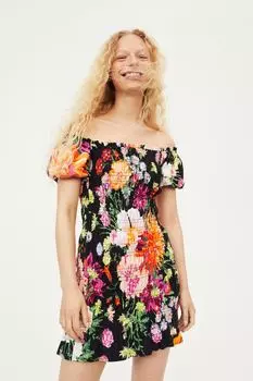Платье с открытыми плечами H&M, черный/большие цветы