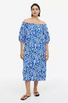 Платье с открытыми плечами H&M, ярко-синий/с рисунком