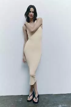 Платье с поясом ZARA, кремовый