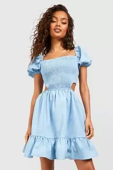 Платье с приготовленными рукавами и бухами Boohoo, синий