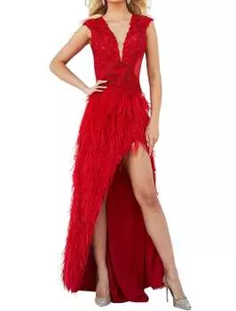 Платье с юбкой из перьев красного цвета JOVANI