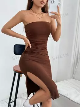 Платье Shein Petite без бретелек с разрезом, песочный