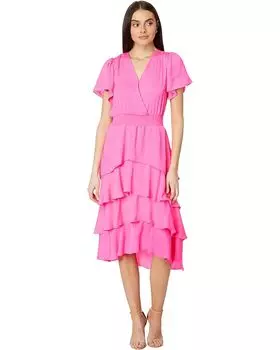 Платье Vince Camuto Four Teir Layered With V Neck, цвет Hot Pink