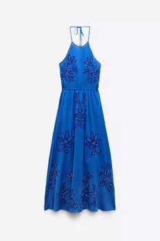 Платье Zara Embroidered Midi, синий