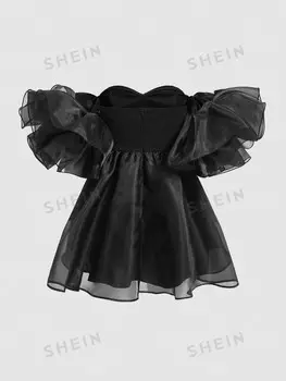 Платье женское Shein Mod с рюшами и рукавами, черный