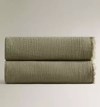 Плед Zara Home Fringed Linen, зеленый
