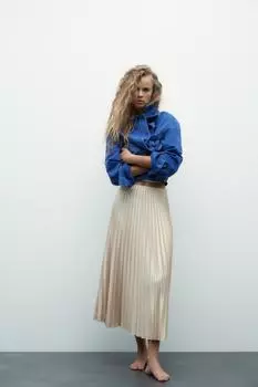 Плиссированная атласная юбка миди ZARA, цвет Stone