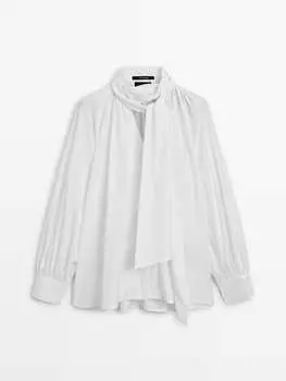 Плиссированная хлопковая рубашка с завязками Massimo Dutti, белый