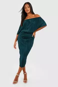 Плиссированное платье миди с открытыми плечами Boohoo, изумрудный