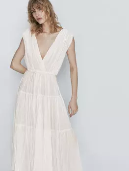 Плиссированное платье с кузинкой Massimo Dutti, белый