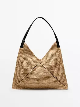 Плоская сумка-шоппер из рафии с кожаной ручкой Massimo Dutti, бежевый