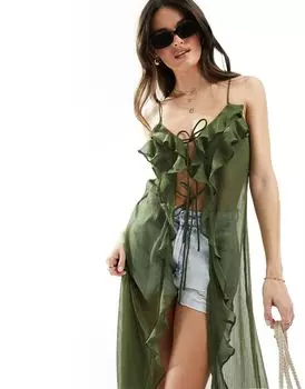 Пляжное платье макси с открытым передом и оборками Miss Selfridge цвета хаки