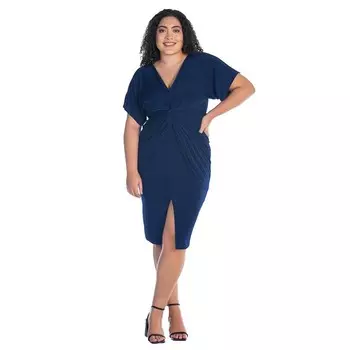 Плюс размер 24Seven Comfort Apparel Платье с короткими рукавами и v-образным вырезом, закрученным спереди и разрезом подол, темно-синий