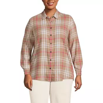 Плюс размер Фланелевая рубашка бойфренда в клетку Lands' End, цвет Honey Beige Plaid