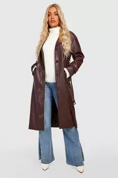 Плюс Тренч из искусственного полиуретана boohoo, коричневый