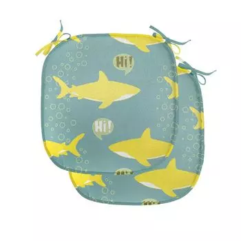 Подушки на обеденный стул ABAKUHAUS Shark, дружелюбная желтая рыбка, декоративная водонепроницаемая подушка с ремнями для кухонных сидений, 40 см x 40 см — упаковка из 2 шт., цвет морской волны желтый, зеленый