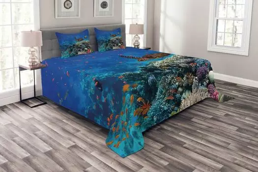 Подводное покрывало ABAKUHAUS, тропическая черепаховая вода, комплект с моющимися наволочками, для односпальных кроватей 264 x 220 см, разноцветный