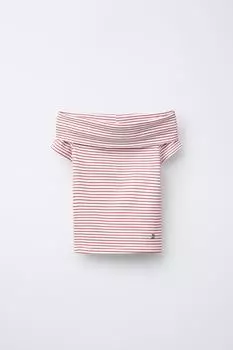 Полосатая футболка с открытыми плечами ZARA, цвет Red/White