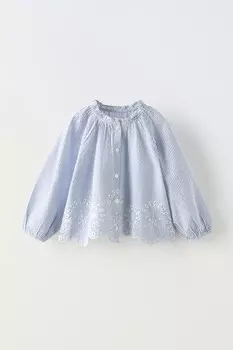 Полосатая рубашка с вышивкой шифли ZARA, синий