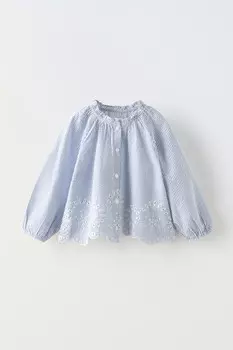 Полосатая рубашка с вышивкой шифли ZARA, синий