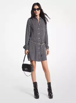 Полосатое платье-рубашка с поясом из жоржетта Michael Kors, черный