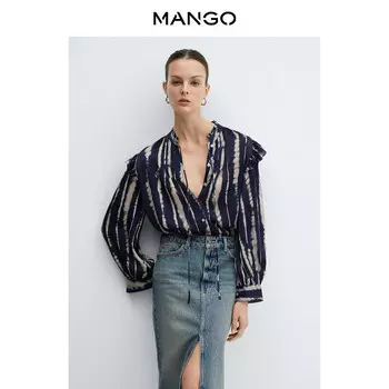 Полупрозрачная рубашка Mango с пышными рукавами, темно-синий