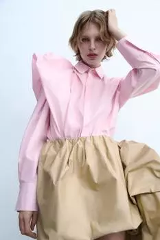 Поплиновая рубашка с объемным плечом ZARA, цвет Pastel pink