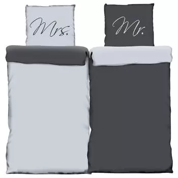 Постельное белье Partner из 4 предметов 155х220 см Mr and Mrs антрацитовый микрофибра One-Home