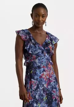 Повседневное платье Print Ruffle Trim Georgette Midi Dress Lauren Ralph Lauren, синий