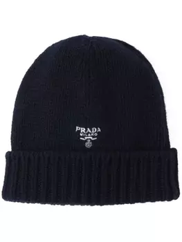 Prada кашемировая шапка бини с вышитым логотипом, синий