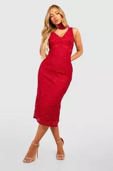 Премиум кружевное платье миди с погружением Boohoo, ягодный