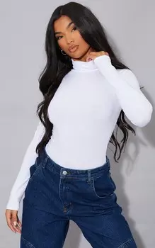 PrettyLittleThing Базовое белое боди из хлопковой смеси с высоким воротником