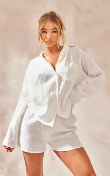 PrettyLittleThing Белая хлопковая широкая рубашка с длинными рукавами из марли