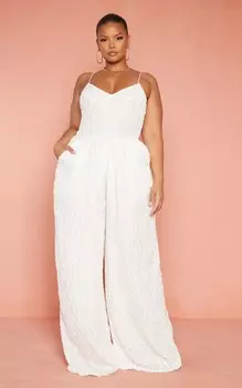 PrettyLittleThing Белый широкий комбинезон с чашечками Devore Plus